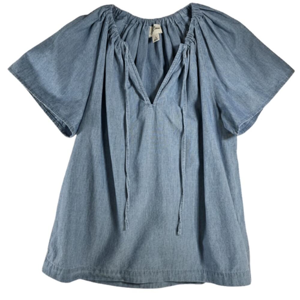 J.Crew Factory Distressed Blue Ruched V-Neck Keyhole Tie Front Blouse Size S